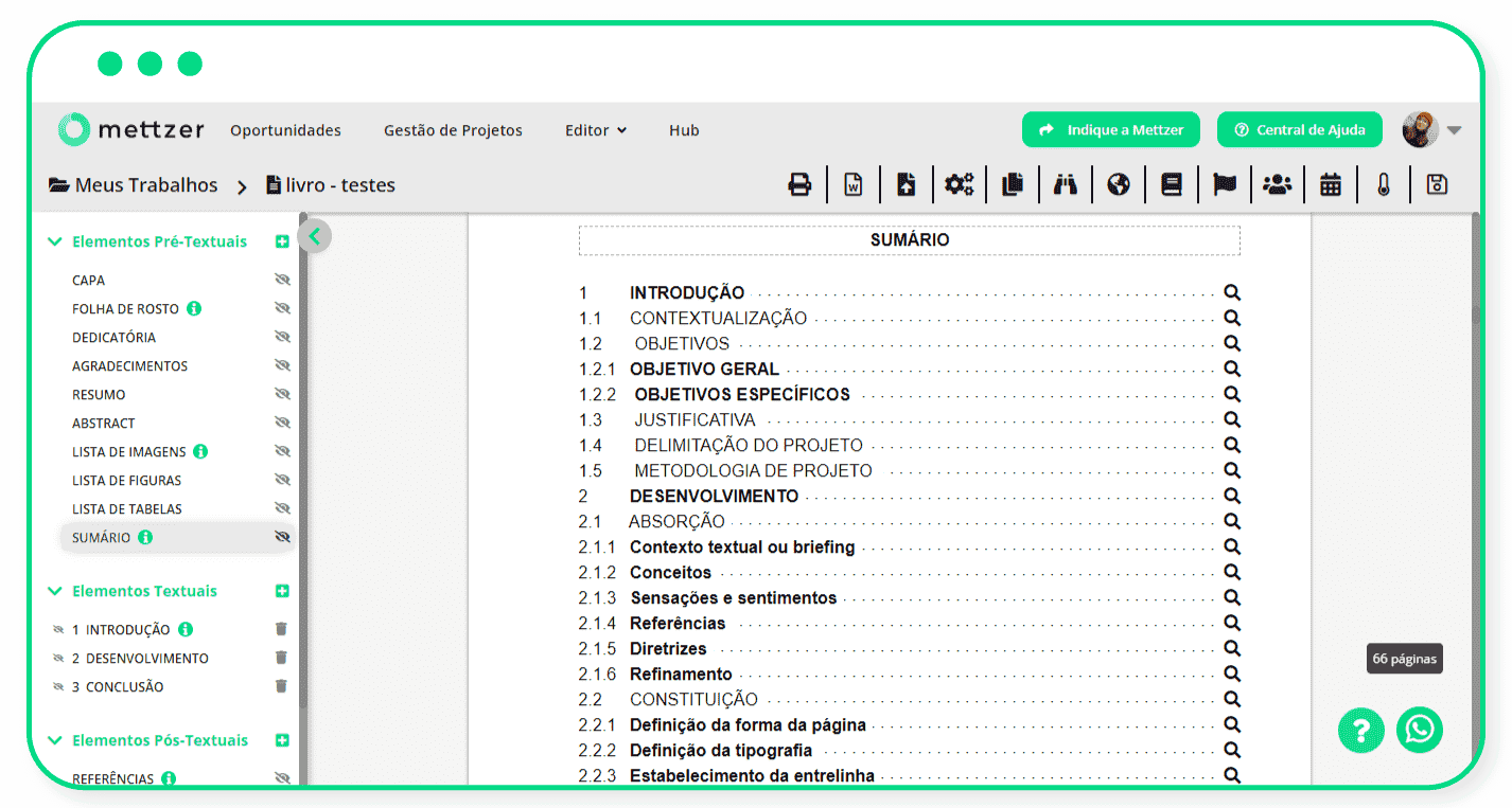 Editor de textos da Mettzer - sumário